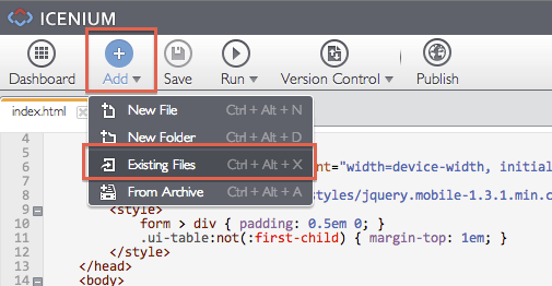 Adding new files to an Icenium project