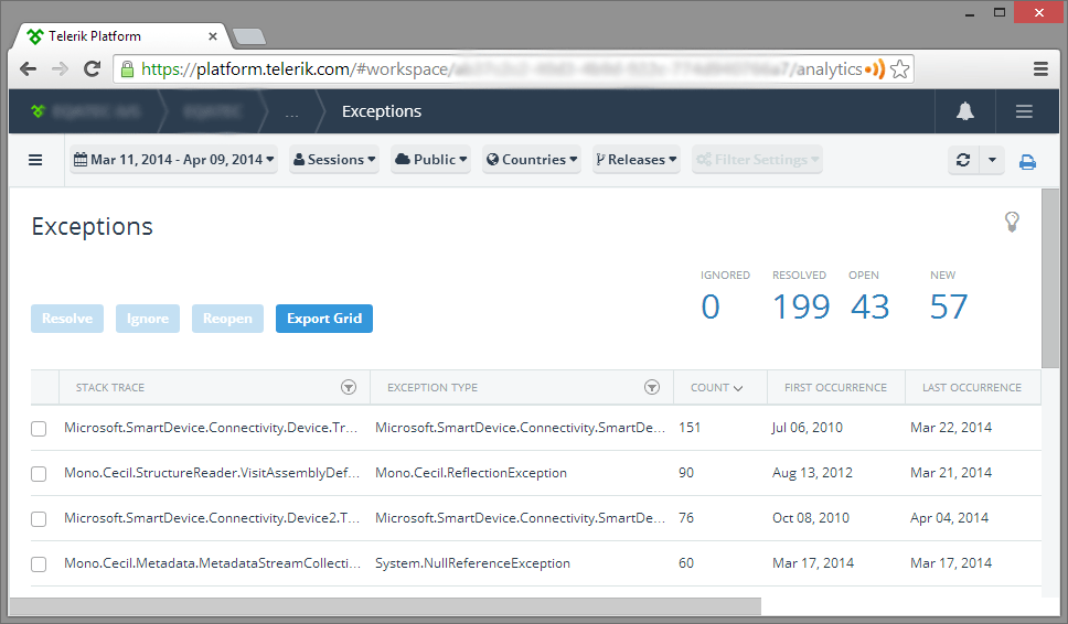 Telerik Analytics Exception Report