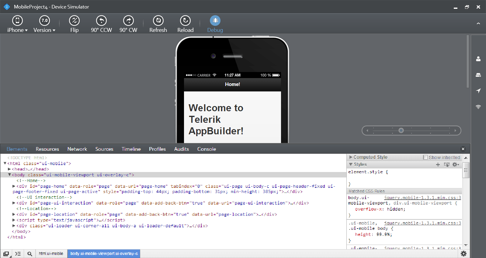 Telerik AppBuilder Mobile Debugger inside Visual Studio