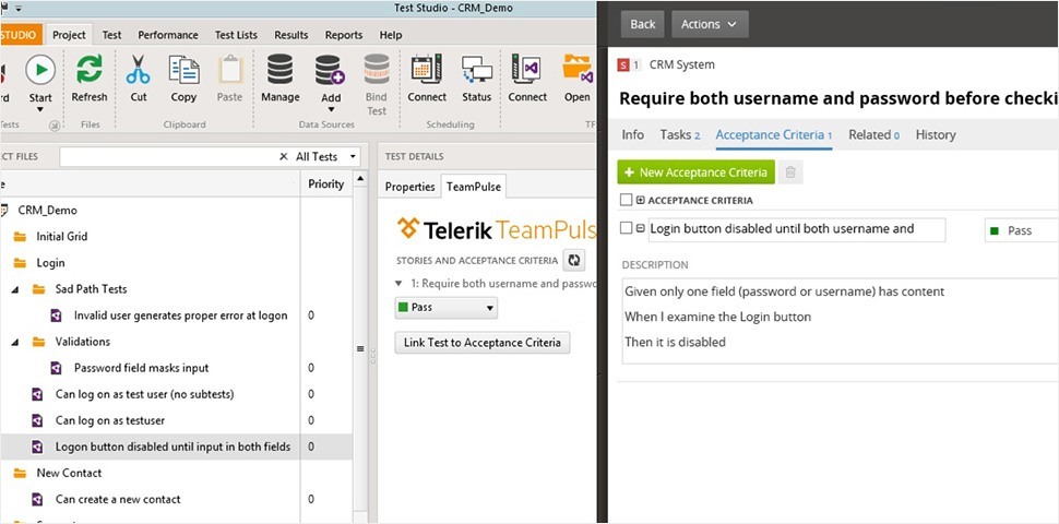 Acceptance criteria TeamPulse and Test Studio