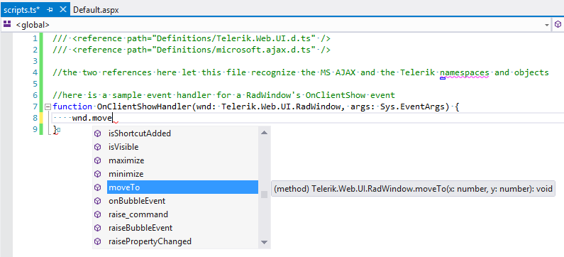 Intellisense shown for Telerik object in a TypeScript file