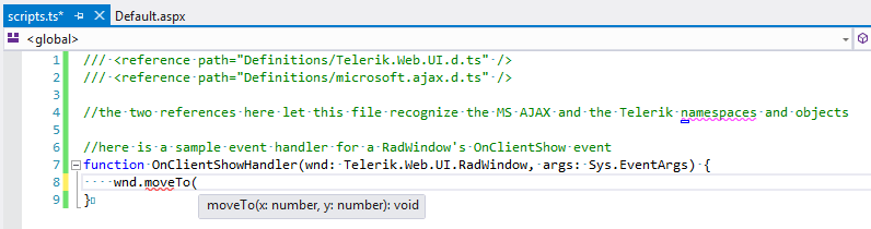 Intellisense shown for Telerik method in a TypeScript file