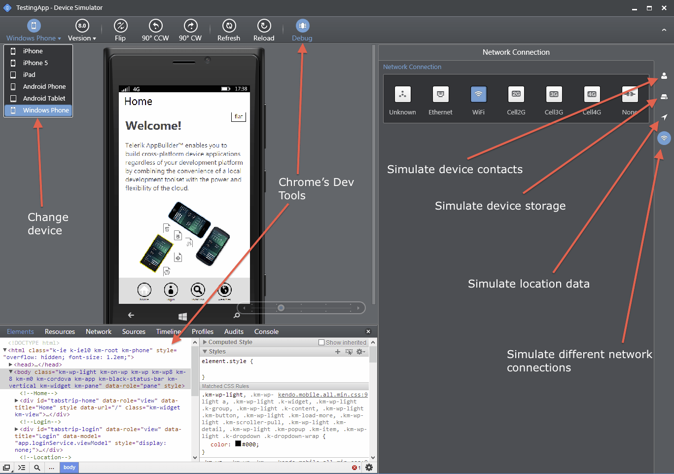 View of the simulator running within Visual Studio