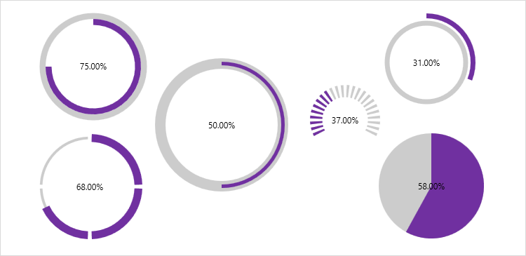 CircularProgressBar Radiuses shows many examples of how the circles and the progress can be styled, including nested circles, progress as a thinner weight circle inside the track or a thicker weight overtaking the track, filling hash marks around the circle more like a spedometer, and a pie chart filling in