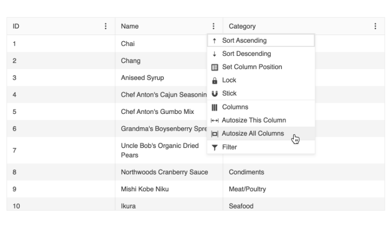 Angular Grid Column Menu Auto Size Option Angular Grid Column Menu Auto Size Option is under the column header menu