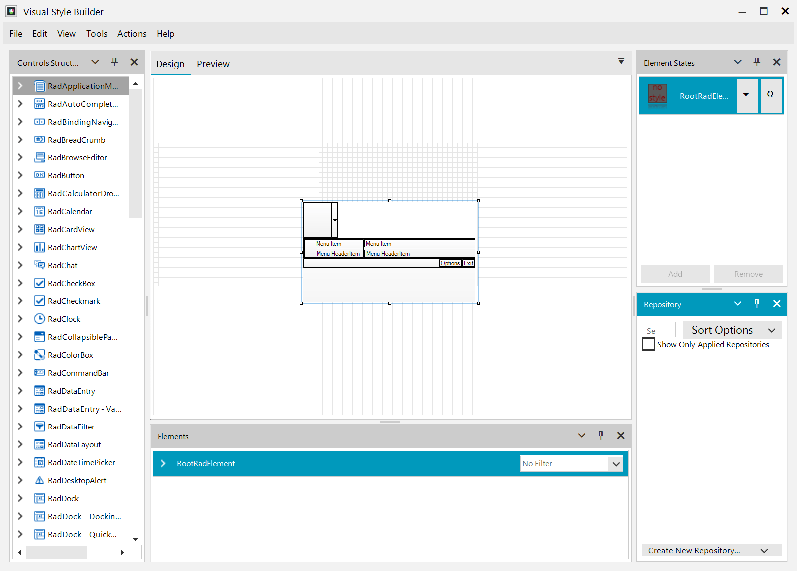 WinForms Visual Style Builder has a lefthand menu with controls structures, a main window for design/preview, and righthand element states and repository.