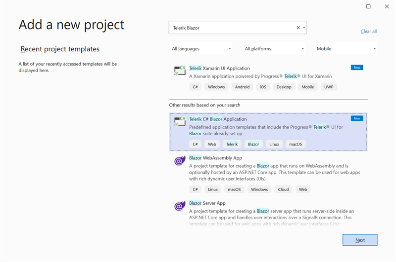 Select Telerik C# Blazor Application Project Template Figure 12 - Select Telerik C# Blazor Application Project Template