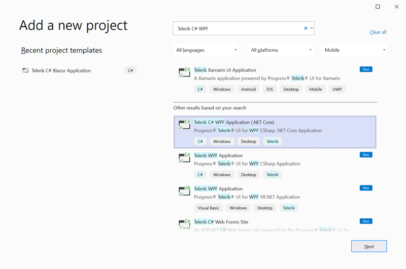 Add Telerik C# (.NET Core) WPF Project Template Figure 16 - Add Telerik C# (.NET Core) WPF Project Template