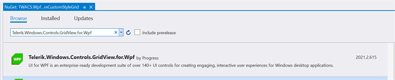 Add Telerik.Windows.GridView.for.Wpf NuGet Package Figure 19 - Add Telerik.Windows.GridView.for.Wpf NuGet Package