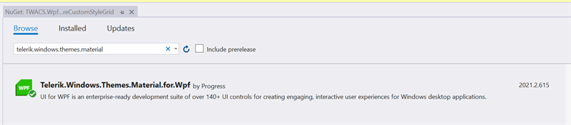 Add Telerik.Windows.Themes.Material.for.Wpf NuGet Package Figure 20 - Add Telerik.Windows.Themes.Material.for.Wpf NuGet Package
