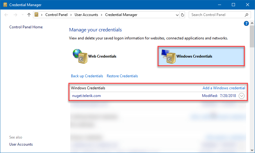 Credentials Manager interface with Windows credentials selected and Telerik list item visible.