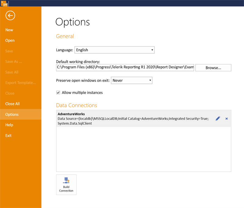 Standalone Report Designer Options Screen Standalone Report Designer Options Screen