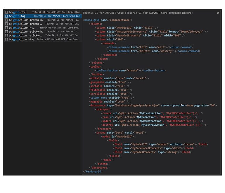 Telerik UI for ASP.NET Core TagHelper Code Snippets in Visual Studio Code