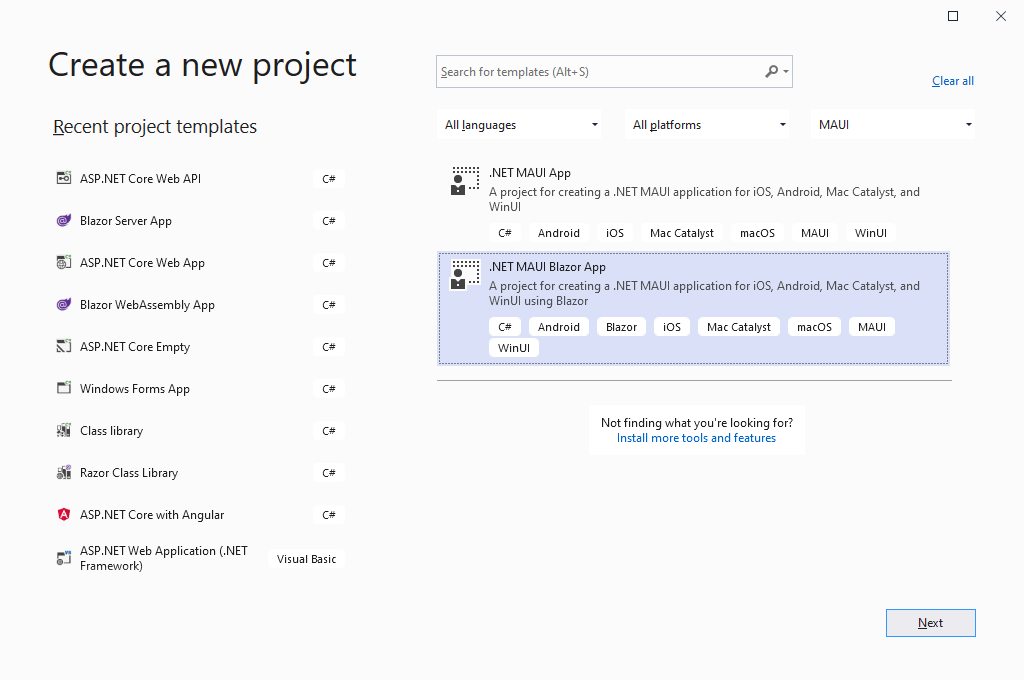 BlazorMauiTemplate Blazor MAUI Template in the 'Create a new project' screen.