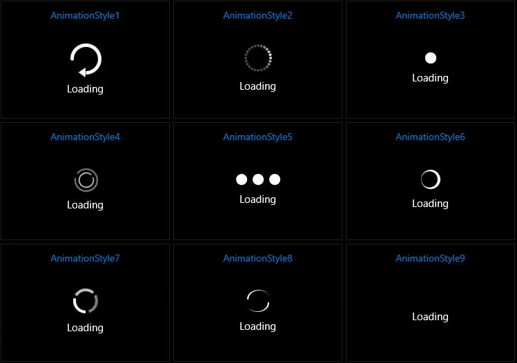 BusyIndicatorAnimationStyles Demonstrating the nine BusyIndicator Built-In AnimationStyles in a grid