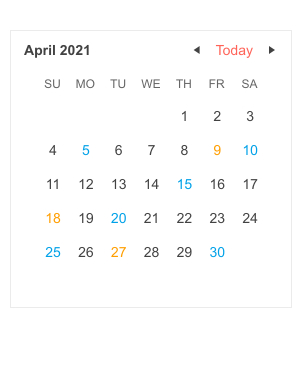 Telerik UI for Blazor Calendar Template A simple calendar for April 2021 shows most type in black, but some of the days are blue and some are yellow.