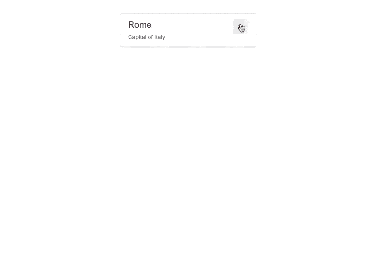 Telerik UI for Blazor Expand & Collapse Card UI Component A minimal horizontal rectangle card with title 'Rome', smaller text 'Capital of Italy' below that, and an expandable arrow at the right. The arrow is clicked, and below the initial box, the card expands to show an image, a few paragraphs, then buttons for Map and Weather.