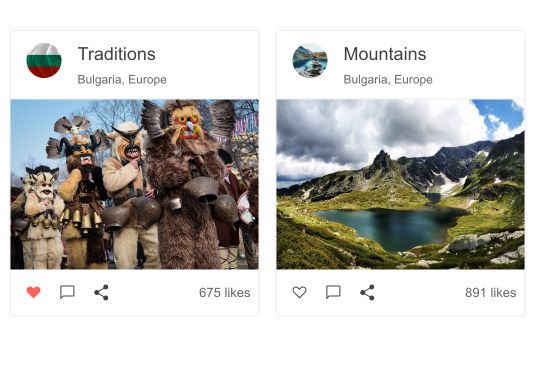 Telerik UI for Blazor Card Component Two side-by-side cards show Traditions and Mountains, each with a small circular image by the title. They list the location (both Bulgaria, Europe), and then feature a large rectangular image that is the main body of the card. Below are icons for like (heart), comment (dialog box), and share. And the number of likes.