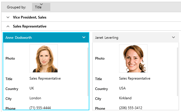 CardView CardView shows two cards of two employees, Anne Dodsworth and Janet Leverling. The cards have a photo, title, country, city, phone. They are shown being grouped by title - sales representative.