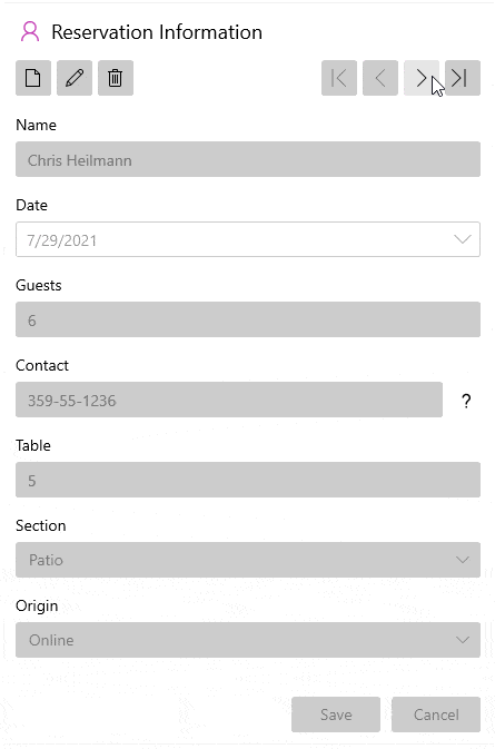 DataForm Data Form with reservation information being filled out—name, date, guests, contact, table, section, origin. Some are blank fields and others are drop-downs. At the top are buttions for new, edit, delete, as well as navigation to first, previous, next, last.
