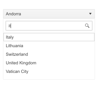 Telerik UI for Blazor DropDownList Filtering A header bar says Andorra and has a down arrow. A search field shows a user has typed 'it' and Italy is shown at the top of a list that includes Lithuania, Switzerland, United Kingdom, and Vatican City.