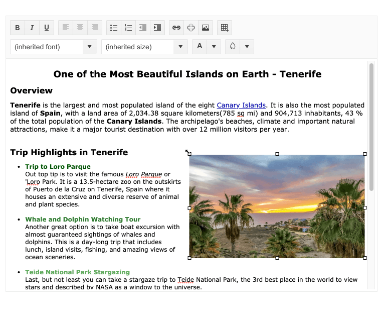 Telerik UI for ASP.NET Core Editor Resize Image An editor window laid out with text and an image brings up the little resizing squares around the image.