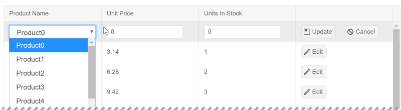 Telerik UI for Blazor Data Grid with Custom Editor Telerik UI for Blazor data Grid in edit mode with drop down list editing the first field