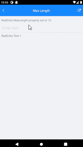 entry-max-length xamarin entry max length is demonstrated as someone types 0123456789 and then hitting another digit does not add it to the string because the length is maxed out