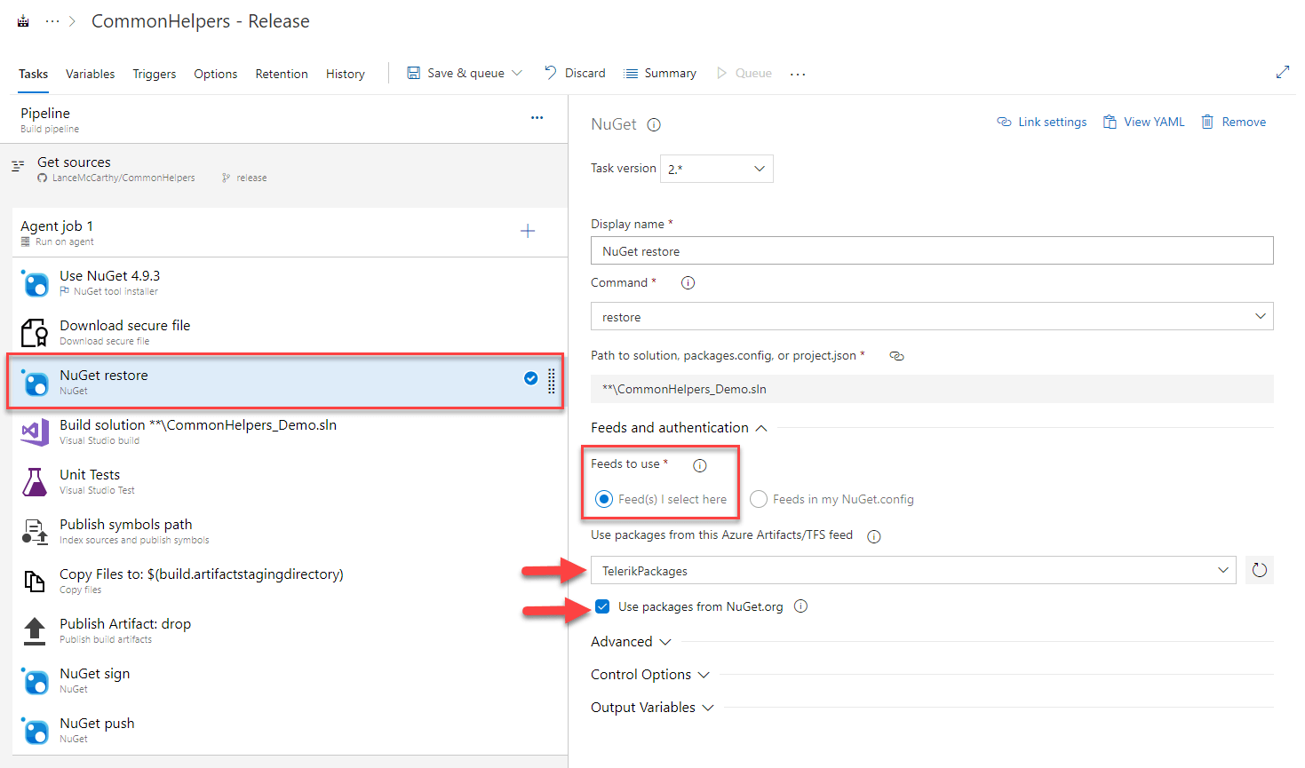 Using the Artifact feed in a pipeline