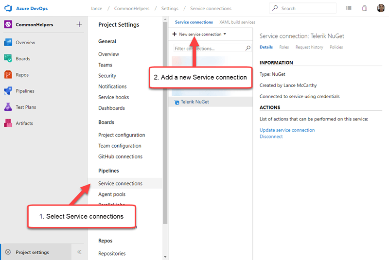 New Service Connection drop down