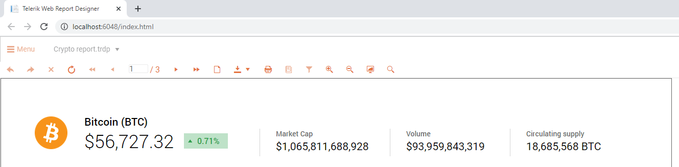header header Bitcoin shows $56,727, up .71%. Market cap, Valume, Circulating supply are also shown.