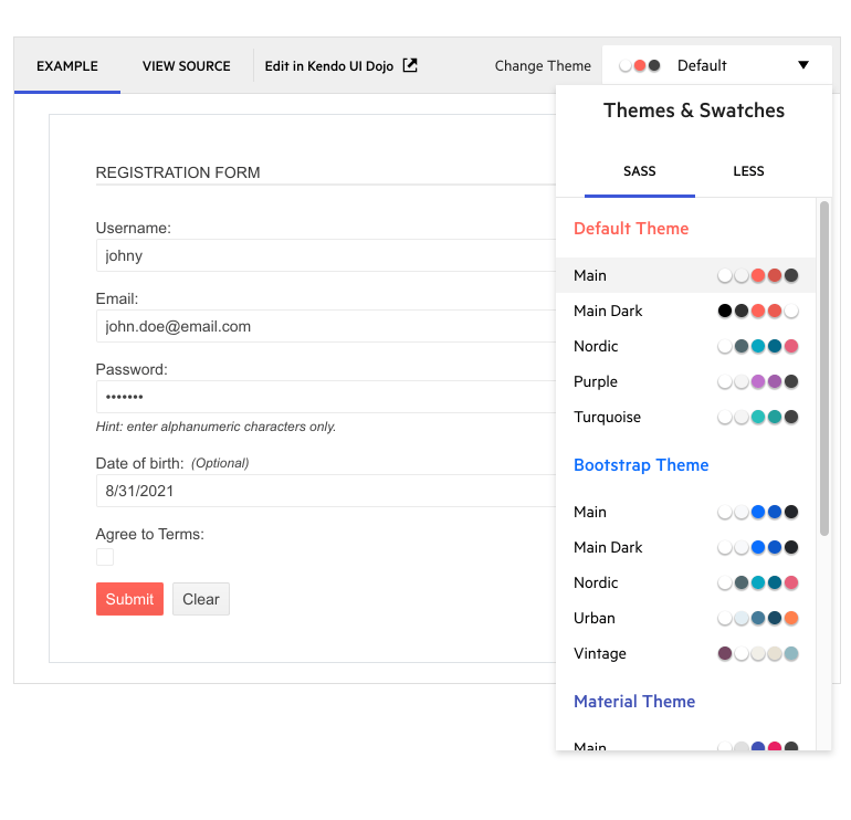 Improved Themes and Swatches in Telerik demos! Improved Themes and Swatches in Telerik demos! Shows themes with their swatch options.