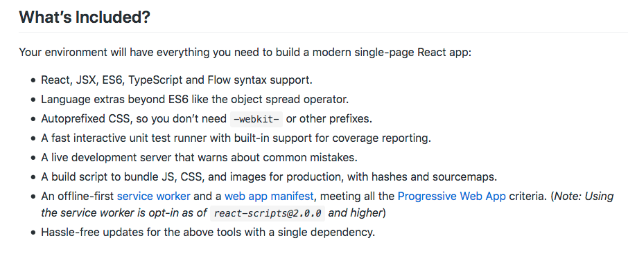 included-list A list of features of Create React App