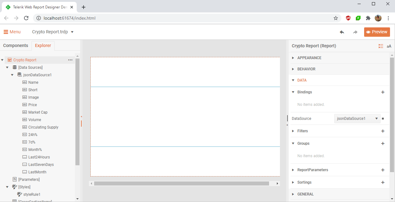 JsonDataSource Telerik Web Report Designer. Crypto Report. Json DataSource