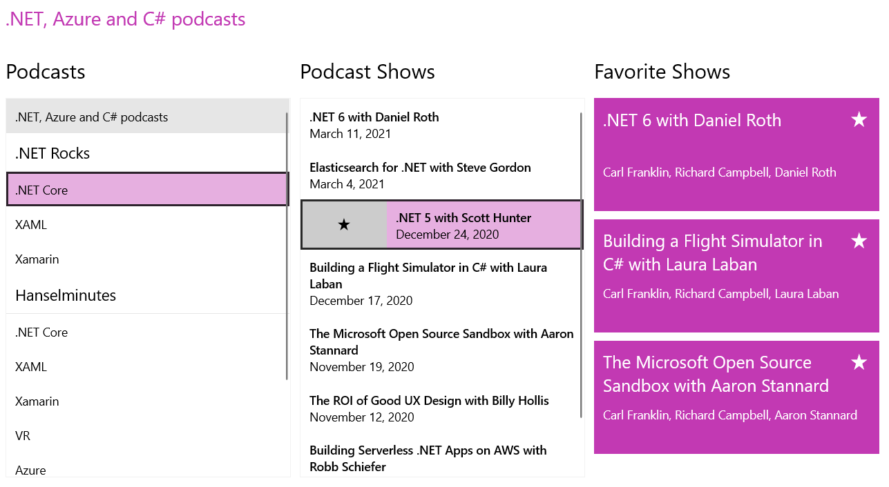 ListView .NET, Azure and C# podcasts. Three lists: podcasts, podcast shows, favorite shows.