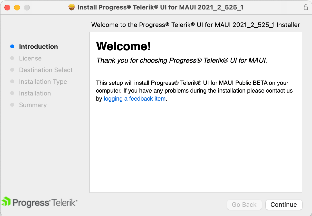 MacInstaller Mac Installer - Install Progress Telerik UI for MAUI. Introduction screen.