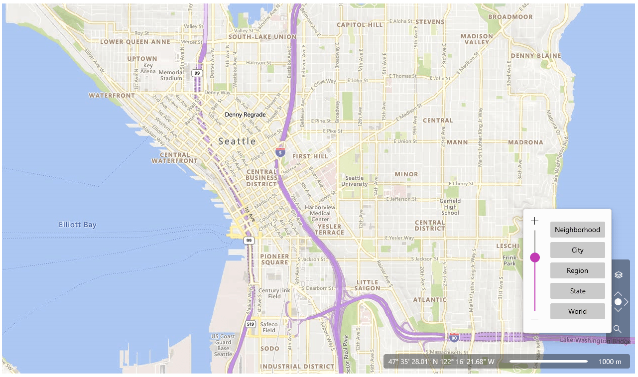 Map Map of Seattle with zoom levels of Neighborhood, City, Region, State, World
