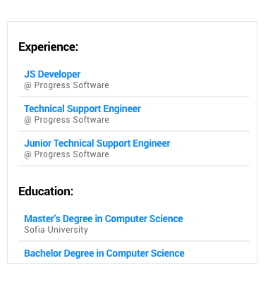 MAUI_ItemsControl MAUI_ItemsControl - Experience with three listings in blue type. Education with two listings in blue type.