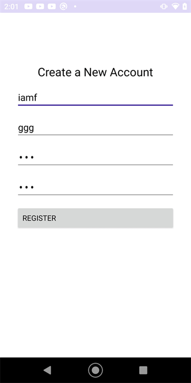 MauiGettingStarted MauiGettingStarted: A Create a New Account screen with four blanks and a Register button