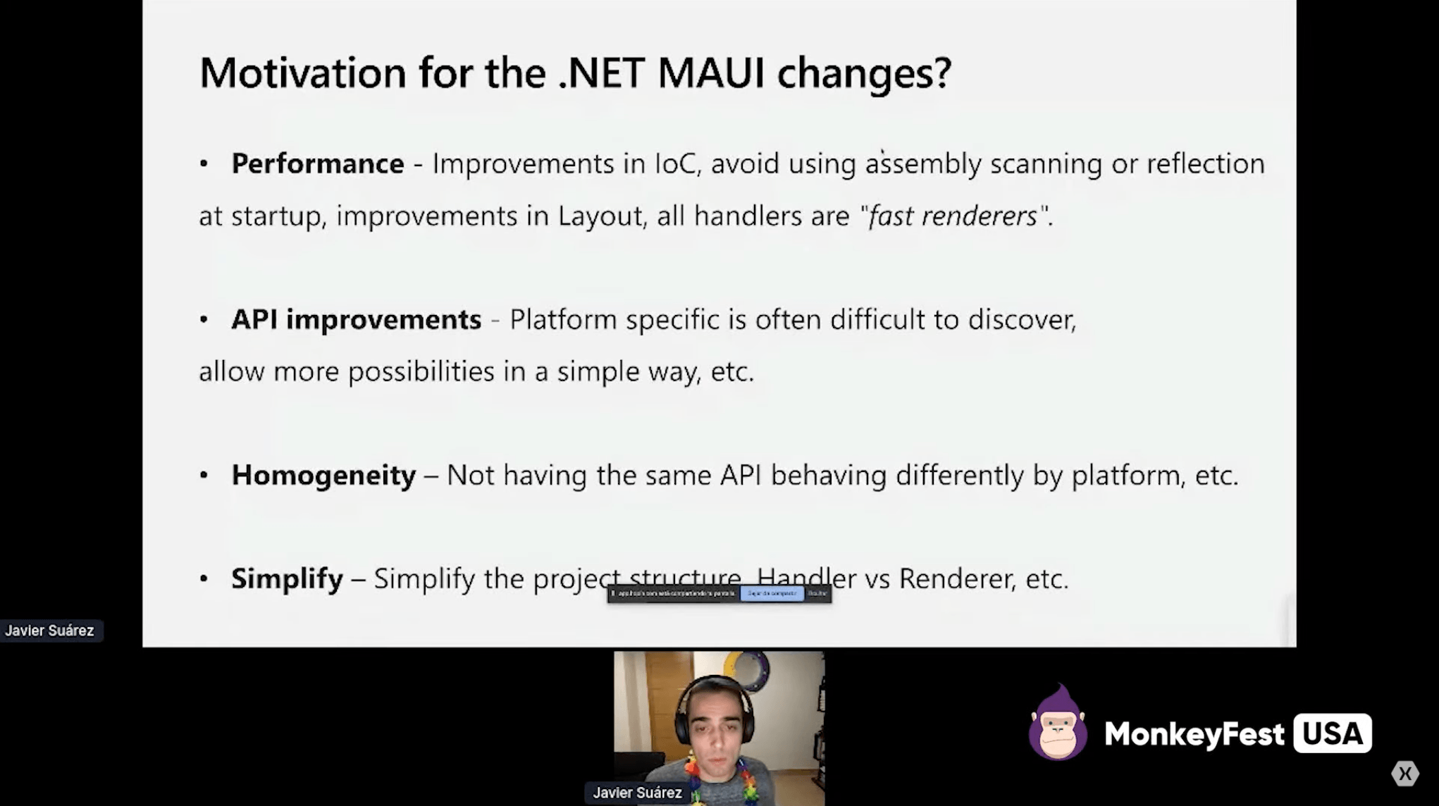 MauiHandlers Screenshot of MokeyFest presentation by Javier Suárez, on a slide about motivation for .NET MAUI changes.
