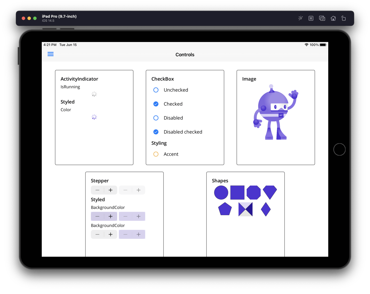 MauiPreview5 Maui Preview 5 controls: ActivityIndicator, CheckBox, Image, Stepper, Shapes.