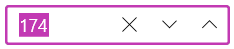 NumericBox A white box with a fuchsia border shows the number 174 highlighted in fuchsia. Controls to the right are an X, down arrow head, up arrow head.