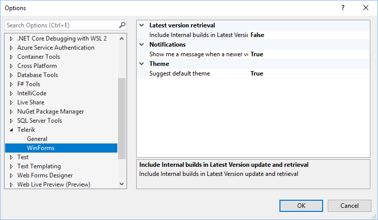 options-default-theme Window for Options has the menu set to Telerik > WinForms. The options are set: Latest version retrieval > False; Notifications > True; Theme (Suggest Default theme) > True.