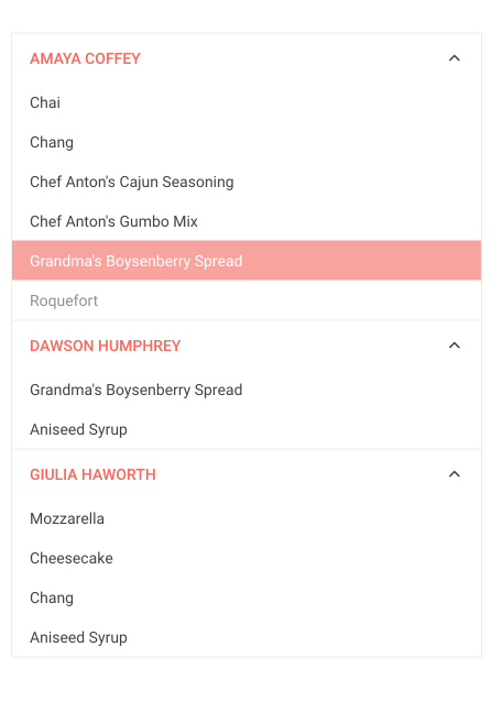 Telerik UI for Blazor PanelBar Multiple Expanded Items Amaya Coffey is expanded to show Chai, Chang, Chef Anton's Cajon Seasoning, Grandma's Boysenberry Spread, and Roquefort. The last two are deactivated, so Roquefort is seen in lighter gray text than the others, and the hover bar, which is normally bright salmon is a paler pink hovering on Grandma's Boysenberry Spread. Two other sections that show expanded lists are: Dawson Humphrey, with Grandma's Boysenberry Spread (this time active) and Aniseed Syrup; and Giulia Haworth: Mozzerella, Cheesecake, Change, and Aniseed Syrup.