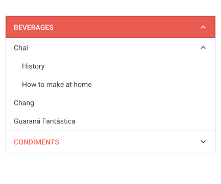 Telerik UI for Blazor PanelBar Hierarchical Data Telerik UI for Blazor PanelBar Hierarchical Data shows a similar list. This one has Beverages as a top-level item that's been expanded to show Chai, Chang, and Guarana Fantastica. Chai has also been expanded to show History and How to Make at Home. Condiments is another top-level item that has not been expanded.