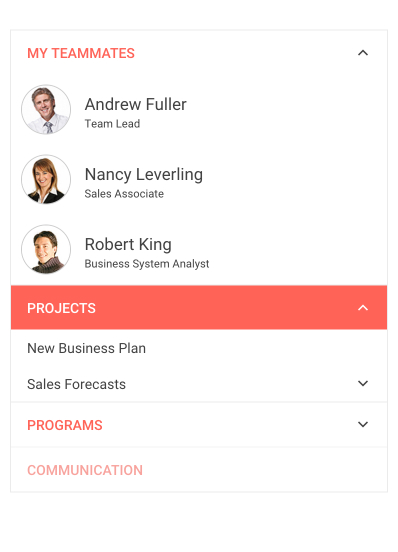 Telerik UI for Blazor PanelBar Component Telerik UI for Blazor PanelBar Component shown with a list. My Teammates has been expanded and show three people with name, title and photo. Projects has been expanded to show New Business Plan and then Sales Forecasts, which has an arrow option to be expanded. Programs is another item not expanded.