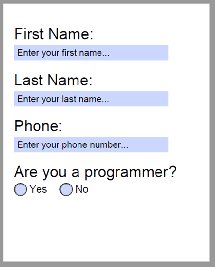 InteractiveForms PDF document with interactive form fields for first name, last name, phone number, are you a programmer
