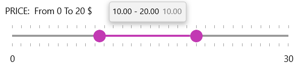 RangeSlider RangeSlider shows a slider bar labeled 'Price: from 0 to 20'. A range is selected for 10 to 20.