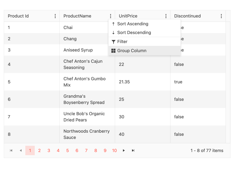 React Data Grid Group Ungroup via column menu