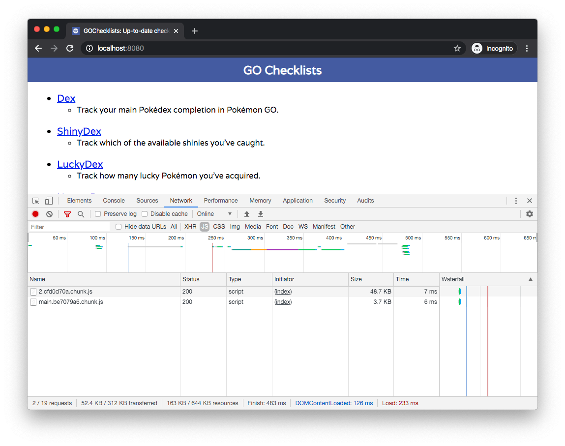 react-stats React performance stats showing the app uses 52KB of JavaScript